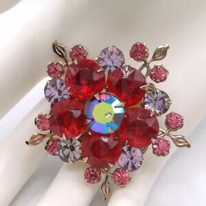 Aurora Borealis Red Pink Lavender Floral Brooch, Riveted Construction, Vintage